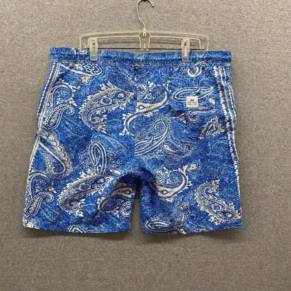 Peter Millar Men’s Swim Trunks Large Blue White Paisley Lined Beach Board Shorts